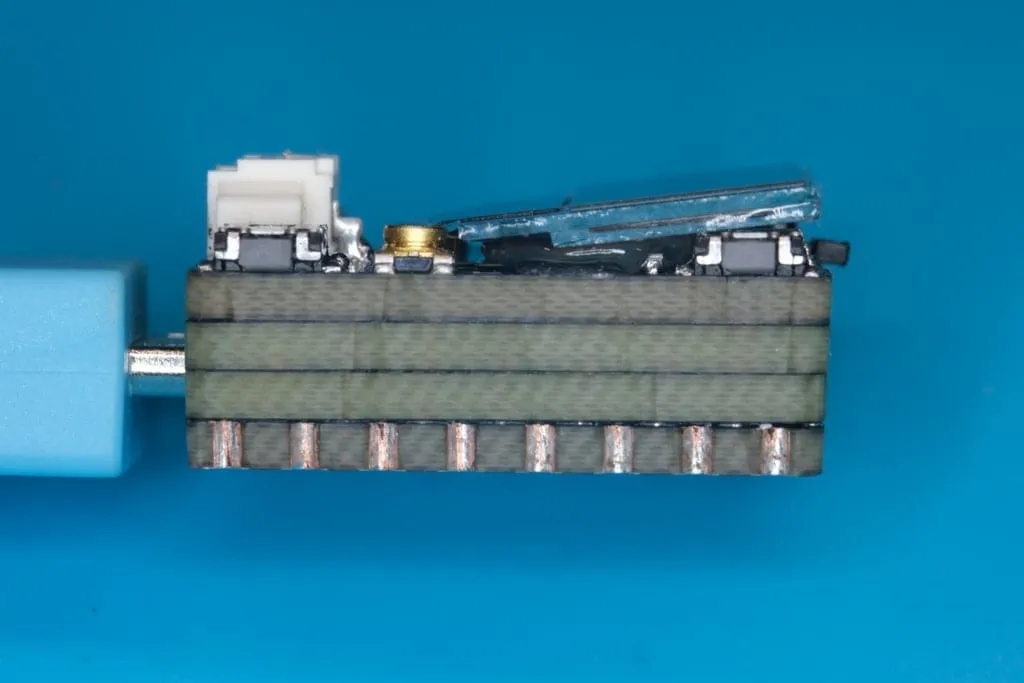 Side view showing the 4 stacked PCBs